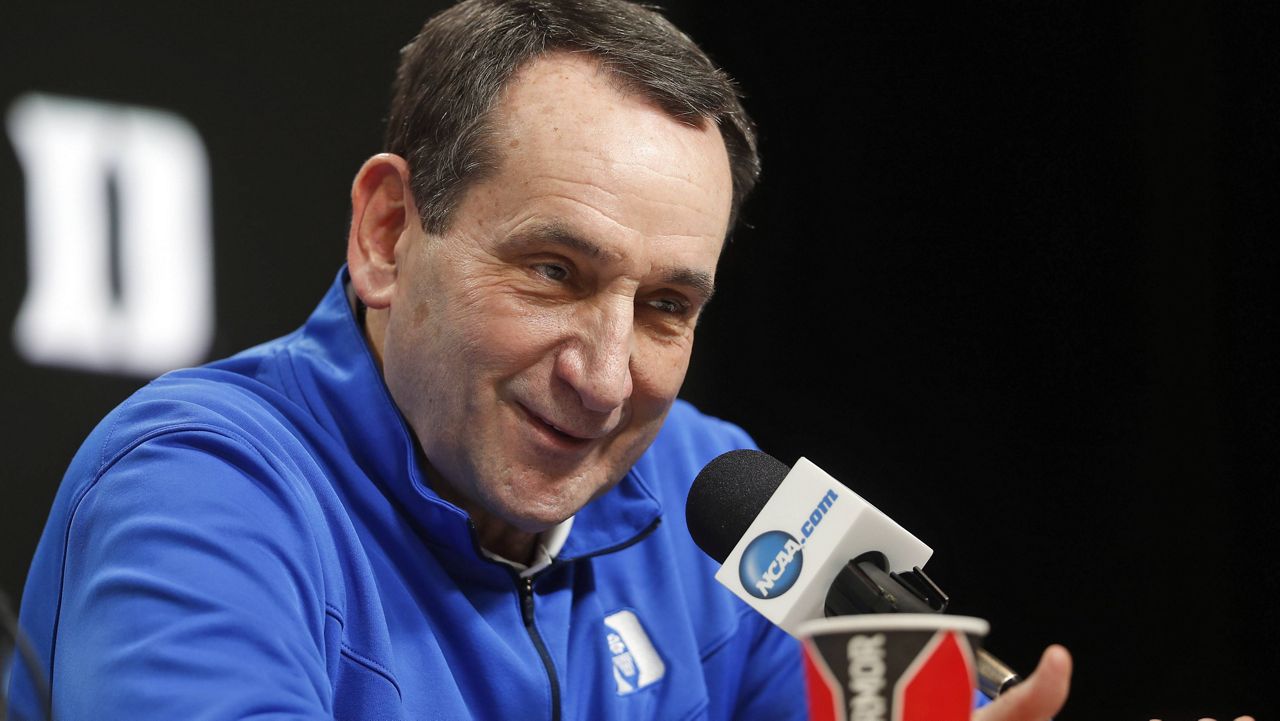 In this March 28, 2019, file photo, Duke coach Mike Krzyzewski answers questions during a news conference at the NCAA college basketball tournament in Washington. (AP Pablo Martinez Monsivais, File)