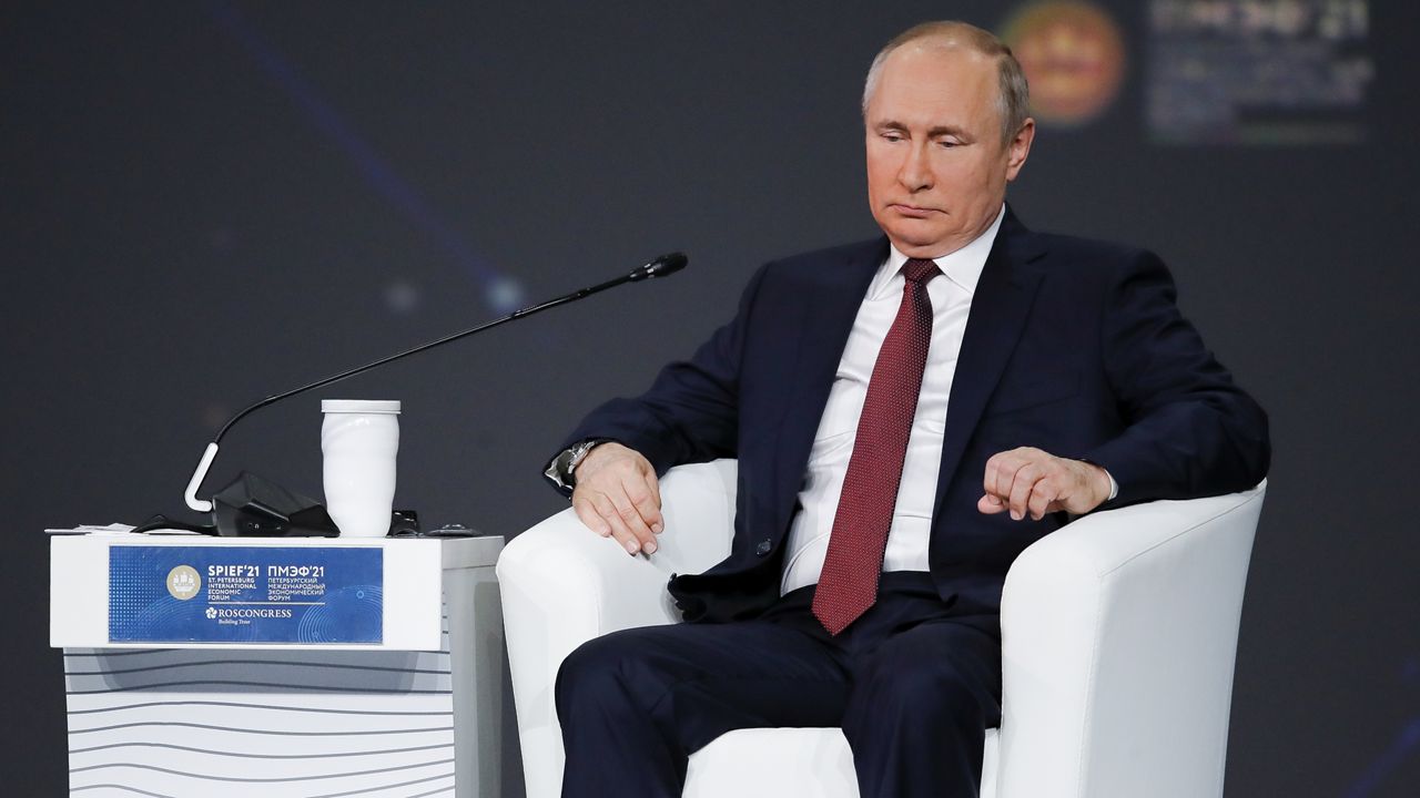 Russian President Vladimir Putin attends the St. Petersburg International Economic Forum in St. Petersburg, Russia, Friday, June 4, 2021. (AP Photo/Dmitri Lovetsky, Pool)