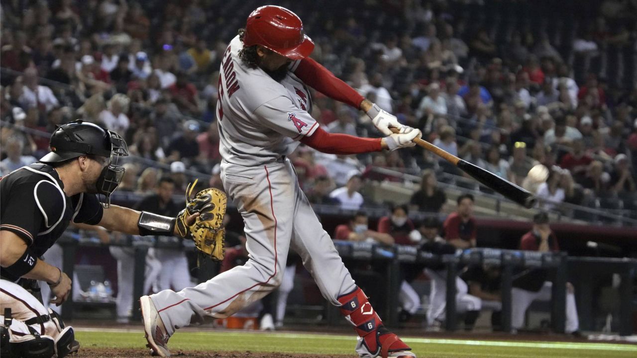 Los Angeles Angels third baseman Anthony Rendon (6) in the first inning during a baseball game against the Arizona Diamondbacks, Saturday, June 12, 2021, in Phoenix. (AP Photo/Rick Scuteri)