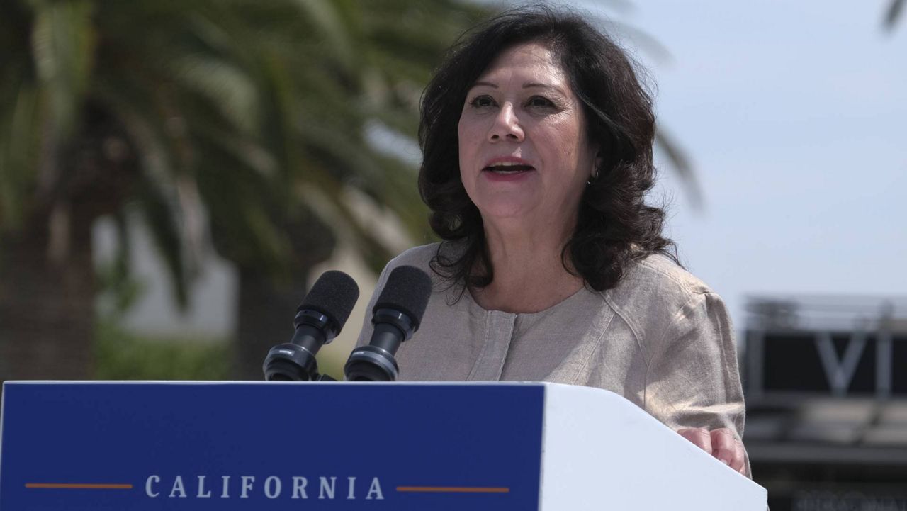 Los Angeles County supervisor Hilda Solis speaks in a news conference at Universal Studios in Universal City, Calif., on June 15, 2021. (AP Photo/Ringo H.W. Chiu)