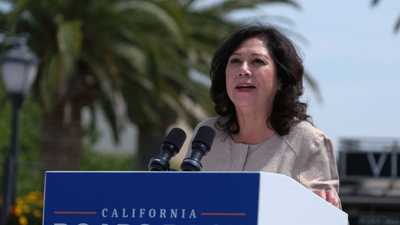 Los Angeles County Supervisor Hilda Solis speaks in a news conference at Universal Studios in Universal City, Calif., on June 15, 2021. (AP Photo/Ringo H.W. Chiu)