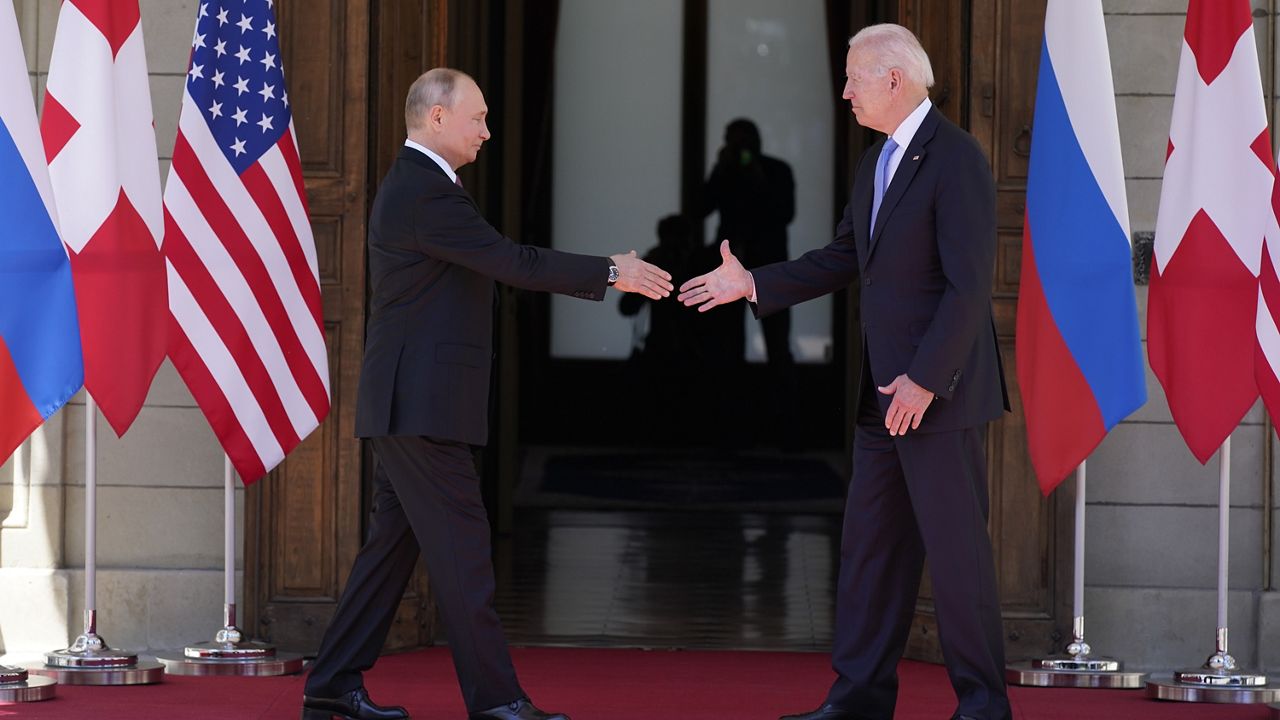 President Joe Biden and Russian President Vladimir Putin, arrive to meet at the 'Villa la Grange', Wednesday, June 16, 2021, in Geneva, Switzerland. (AP Photo/Patrick Semansky)