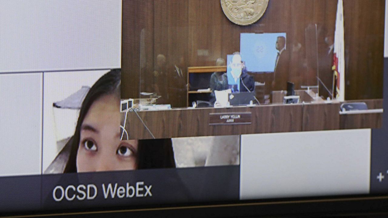 Wynne Lee, 23, is partially displayed on a video screen during a hearing at the Central Justice Center in Santa Ana, Calif., Friday, June 18, 2021. (Frederick M. Brown/Pool via AP)
