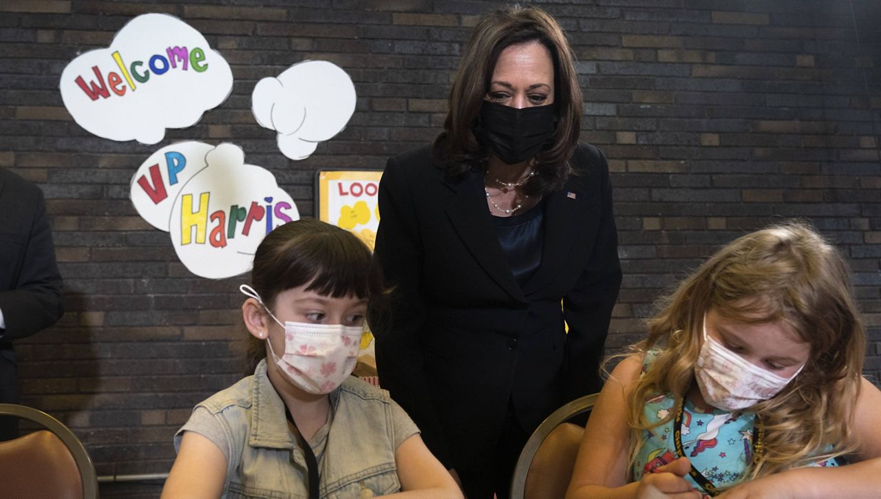 Vice President Kamala Harris visits a summer classroom at Brookline Memorial Recreation Center on Monday in Pittsburgh. (AP Photo/Jacquelyn Martin)