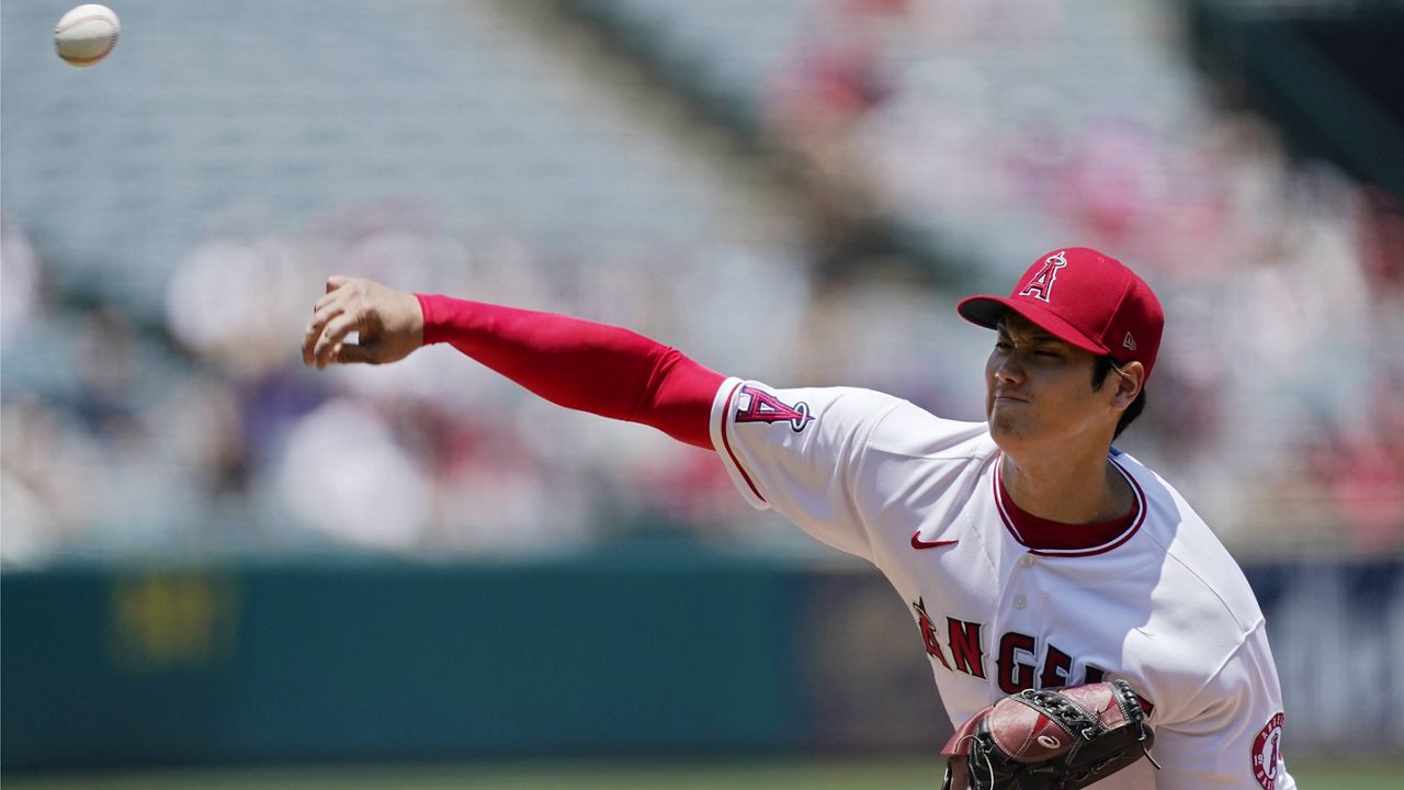 Los Angeles Angels starting pitcher Shohei Ohtani throws to the plate during the first inning of a baseball game against the San Francisco Giants Wednesday, June 23, 2021, in Anaheim, Calif. (AP Photo/Mark J. Terrill)
