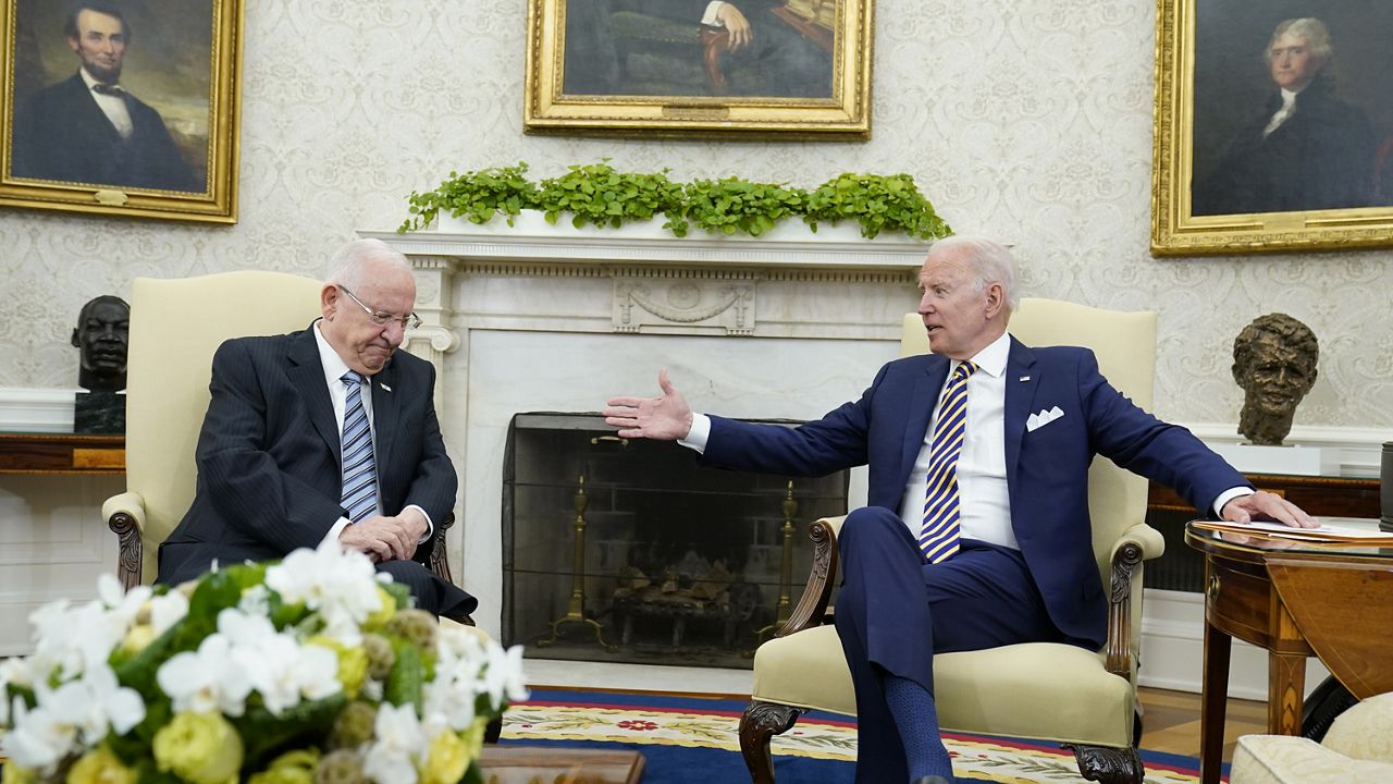 President Joe Biden meets with Israeli President Reuven Rivlin in the Oval Office of the White House in Washington, Monday, June 28, 2021. (AP Photo/Susan Walsh)