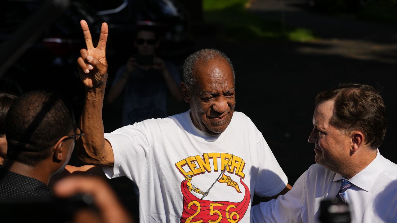 Comedian Bill Cosby reacts outside his home in Elkins Park, Pa., Wednesday, June 30, 2021, after being released from prison. Pennsylvania's highest court has overturned his sex assault conviction. (AP Photo/Matt Slocum)