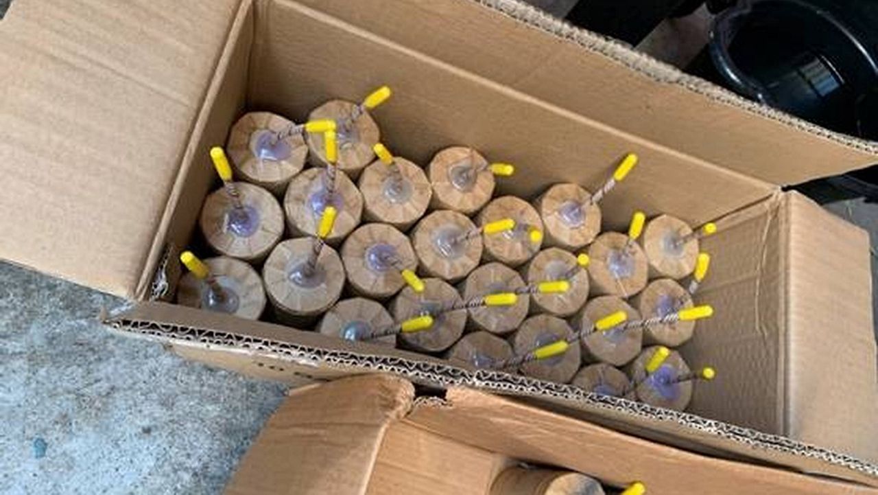 This July 2021 photo released by the ATF/United States Attorney's Office Central District of California shows boxes with illegal large homemade fireworks explosives in South LA. (ATF/United States Attorney's Office Central District of California via AP).