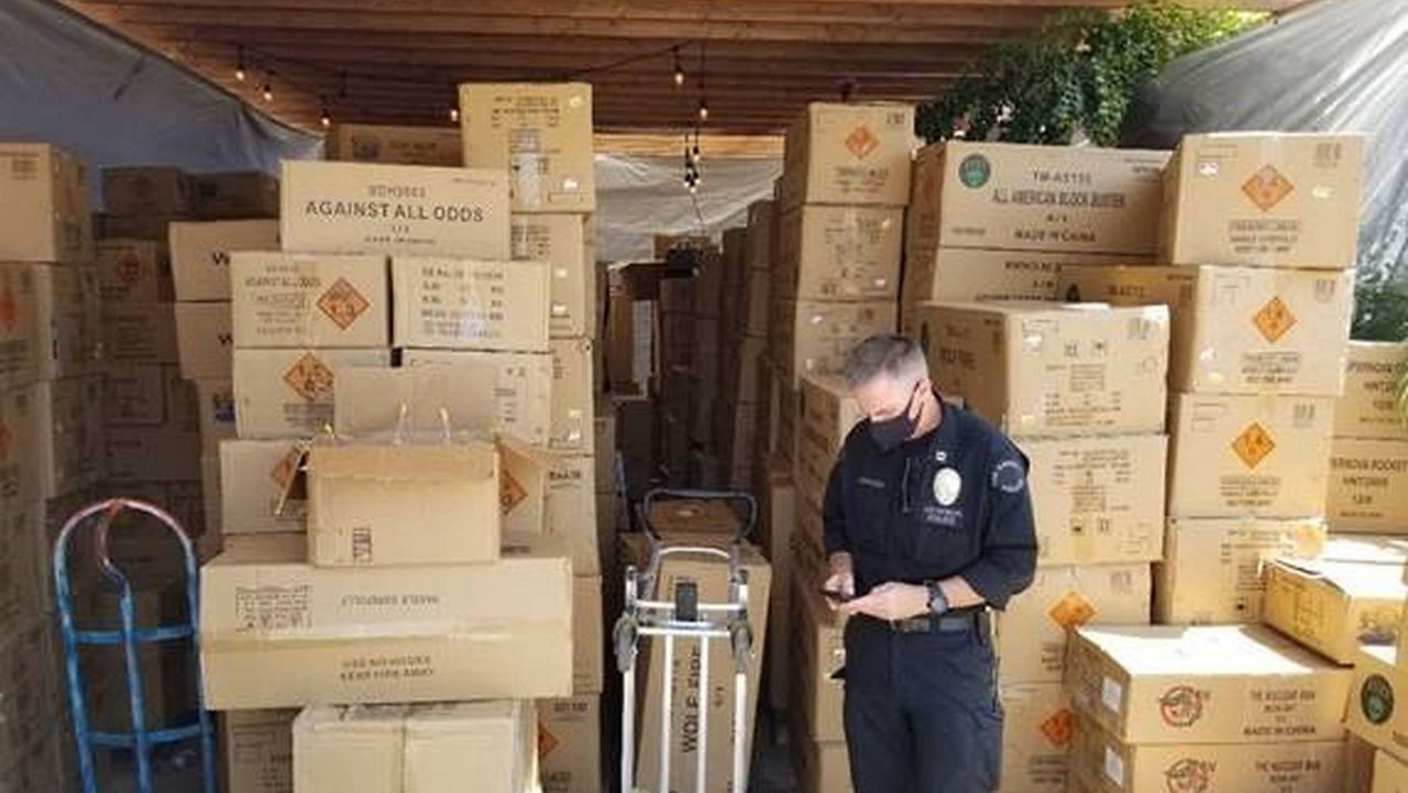 Boxes of illegal large homemade fireworks explosives in South Los Angeles. (ATF/United States Attorney's Office Central District of California via AP)