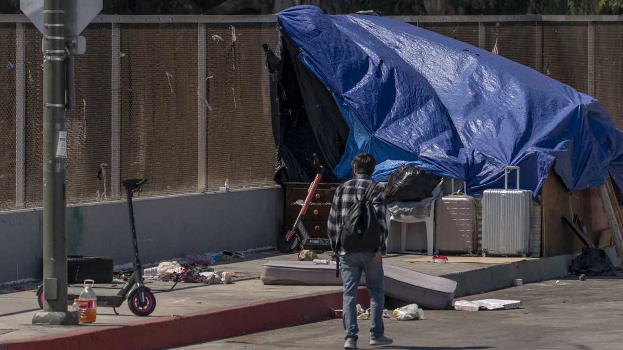 A pedestrian walks past homeless encampments blocking the sidewalk at an overpass of the CA-101 Hollywood freeway in Los Angeles, July 7, 2021. (AP Photo/Damian Dovarganes)