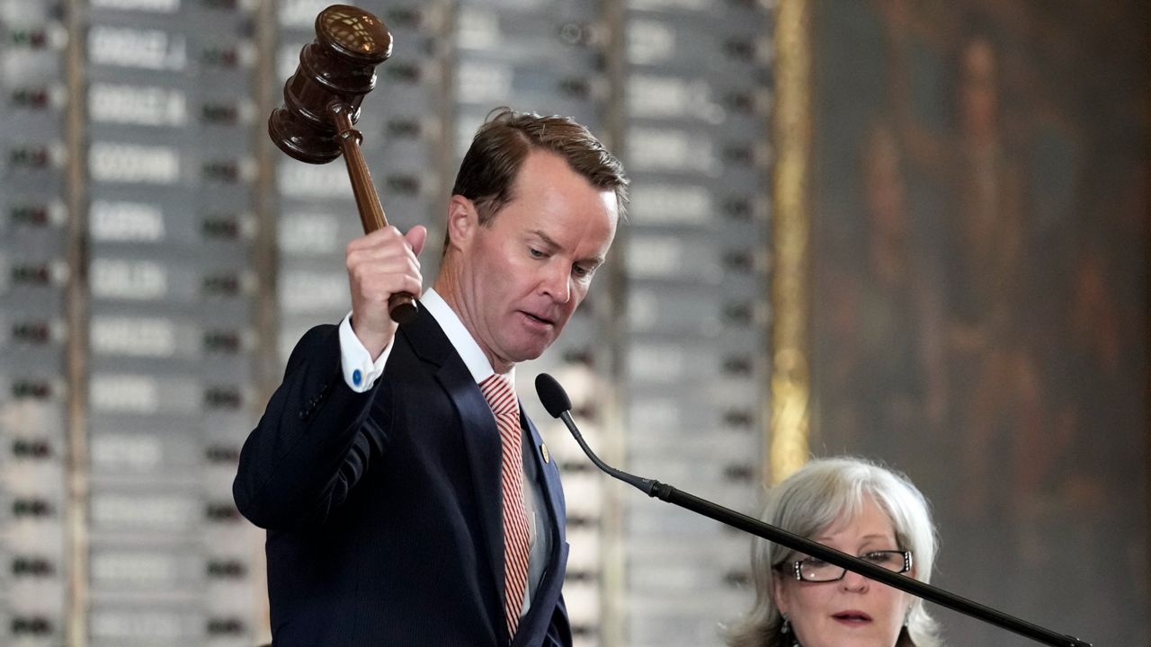 Texas Speaker of the House Dade Phelan, R-Beaumont, strikes his gavel as he opens the special session called by Gov. Greg Abbott, Thursday, July 8, 2021, in Austin, Texas. (AP Photo/Eric Gay)