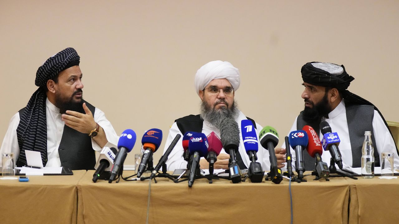 From left, Mohammad Naim, Mawlawi Shahabuddin Dilawar and Suhil Shaheen, members of a political delegation from the Taliban movement, attend a news conference in Moscow on July 9, 2021. (AP Photo/Alexander Zemlianichenko)