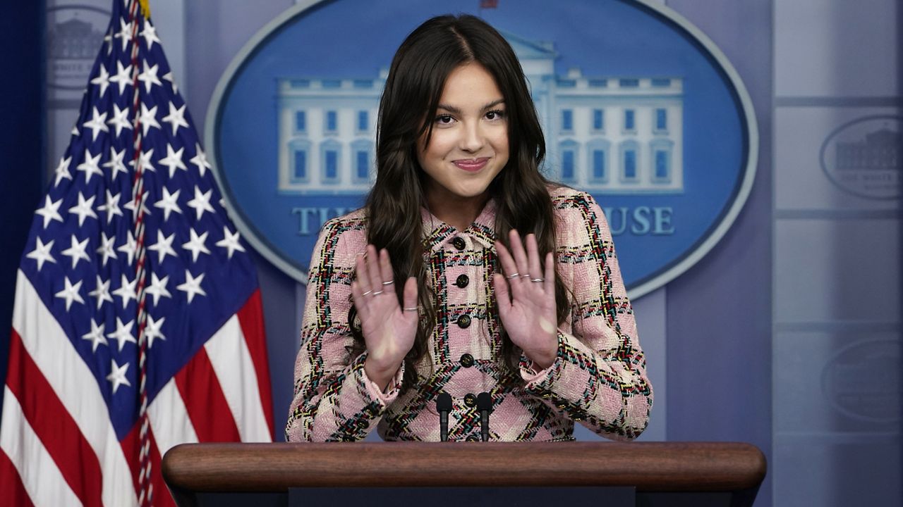Olivia Rodrigo speaks at the beginning of the daily briefing at the White House in Washington, Wednesday, July 14, 2021. (AP Photo/Susan Walsh)