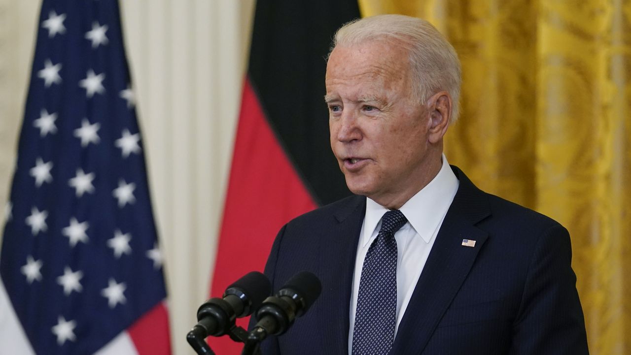 President Joe Biden speaks during a news conference with German Chancellor Angela Merkel in the East Room of the White House in Washington, Thursday, July 15, 2021. (AP Photo/Susan Walsh)