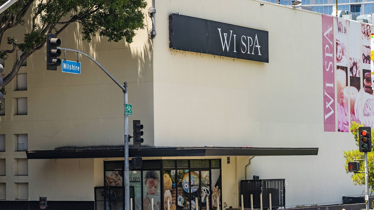 This July 4, 2021, photo shows the exterior of the Wi Spa in Koreatown district in Los Angeles. (AP Photo/Damian Dovarganes)