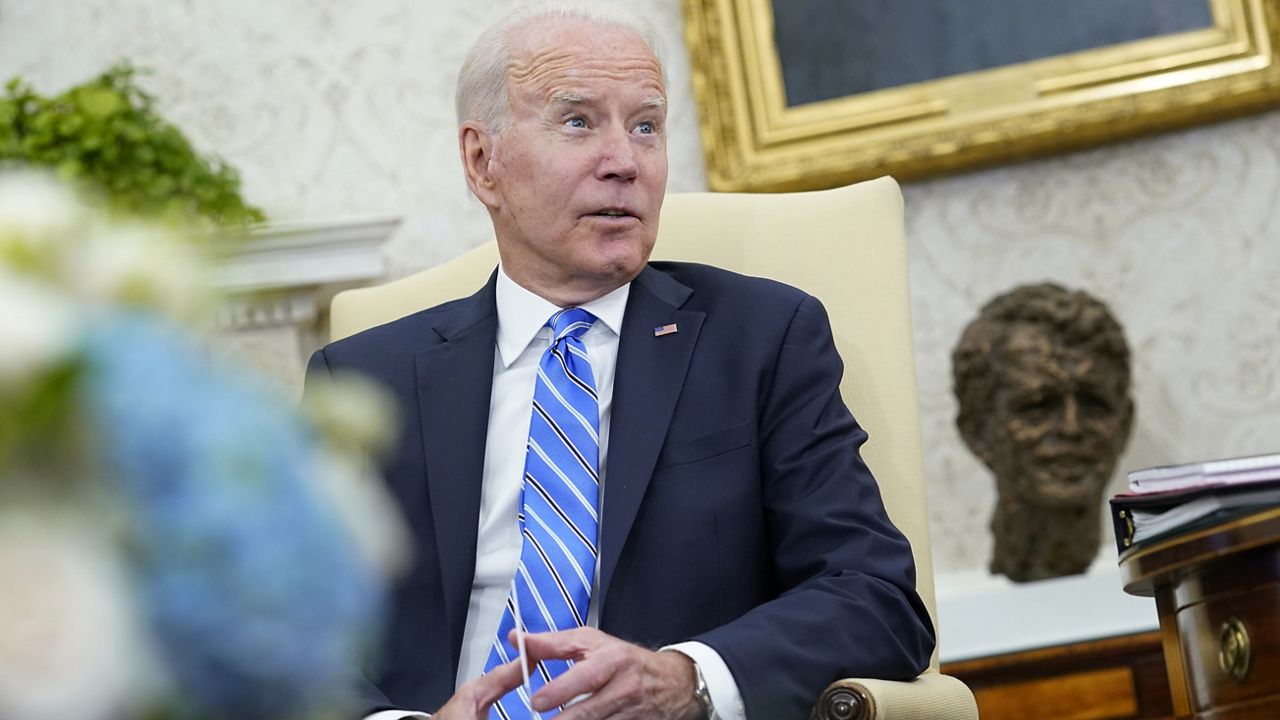 President Joe Biden speaks during his meeting with Jordan's King Abdullah II in the Oval Office of the White House in Washington, Monday, July 19, 2021. (AP Photo/Susan Walsh)