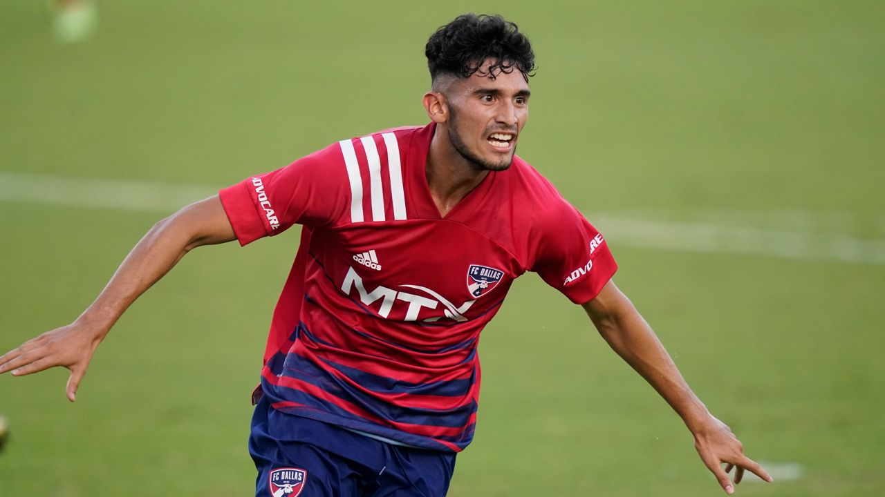 FC Dallas forward Ricardo Pepi (16) celebrates his goal during the first half of the team's MLS soccer match against the LA Galaxy on Saturday, July 24, 2021, in Frisco, Texas. (AP Photo/LM Otero)