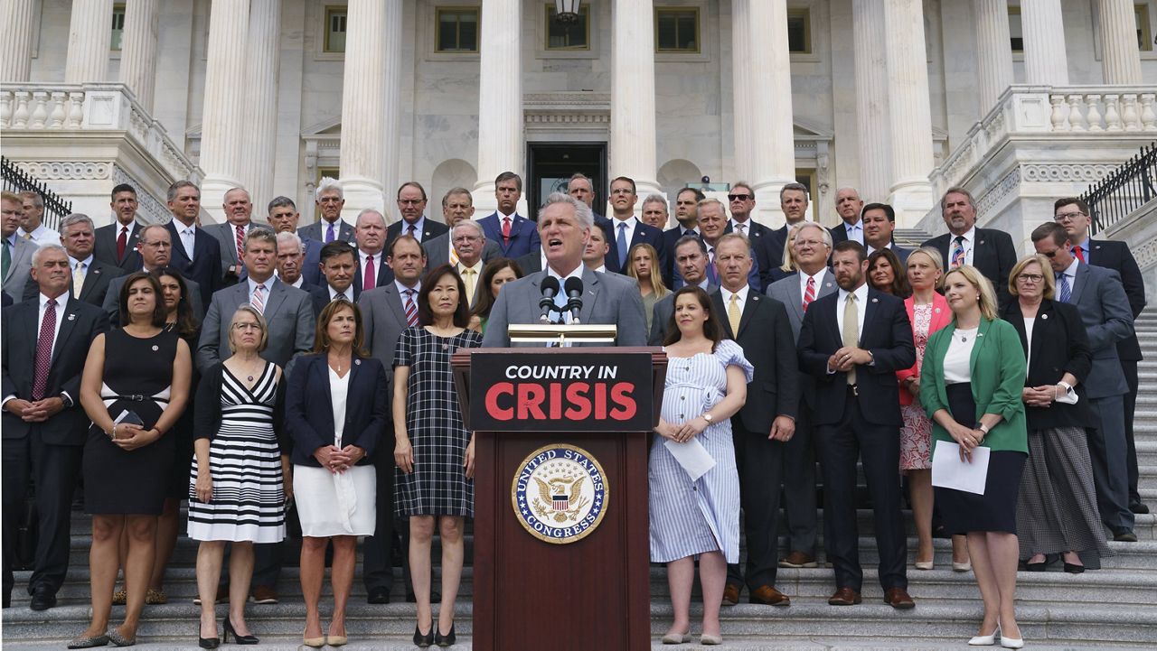 House Minority Leader Kevin McCarthy and his Republican colleagues hold a news conference Thursday on the steps of the Capitol. (AP Photo/J. Scott Applewhite)
