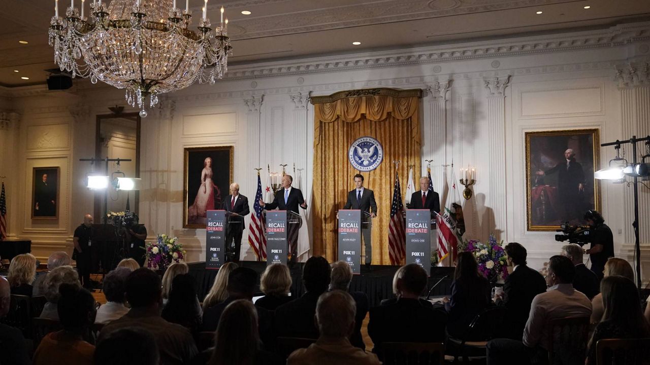 From left, Republican candidates John Cox, Kevin Faulconer, Kevin Kiley and Doug Ose participate in a debate at the Richard Nixon Presidential Library Wednesday, Aug. 4, 2021, in Yorba Linda, Calif. (AP Photo/Marcio Jose Sanchez)
