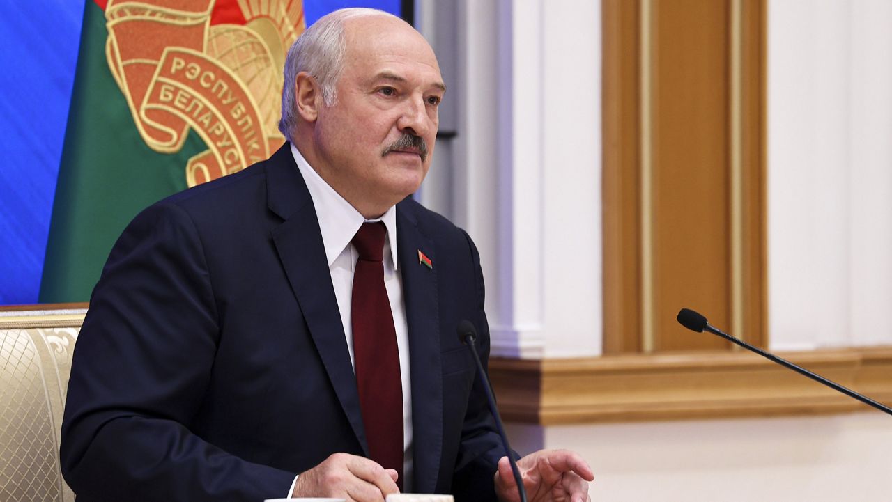 Belarusian President Alexander Lukashenko speaks during an annual press conference in Minsk, Belarus, Monday, Aug. 9, 2021. (Maxim Guchek/BelTA photo via AP)