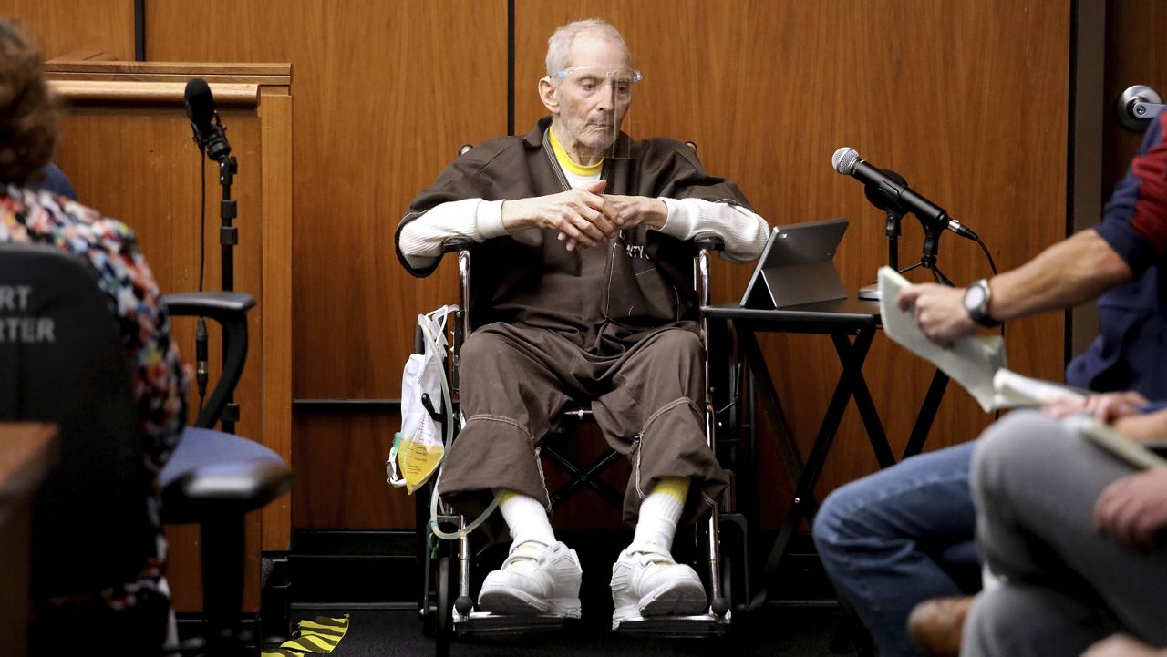 New York real estate scion Robert Durst, 78, takes the stand and testifies in his murder trial at the Inglewood Courthouse on Monday, Aug. 9, 2021, in Inglewood, Calf. (Gary Coronado /Los Angeles Times via AP, Pool)