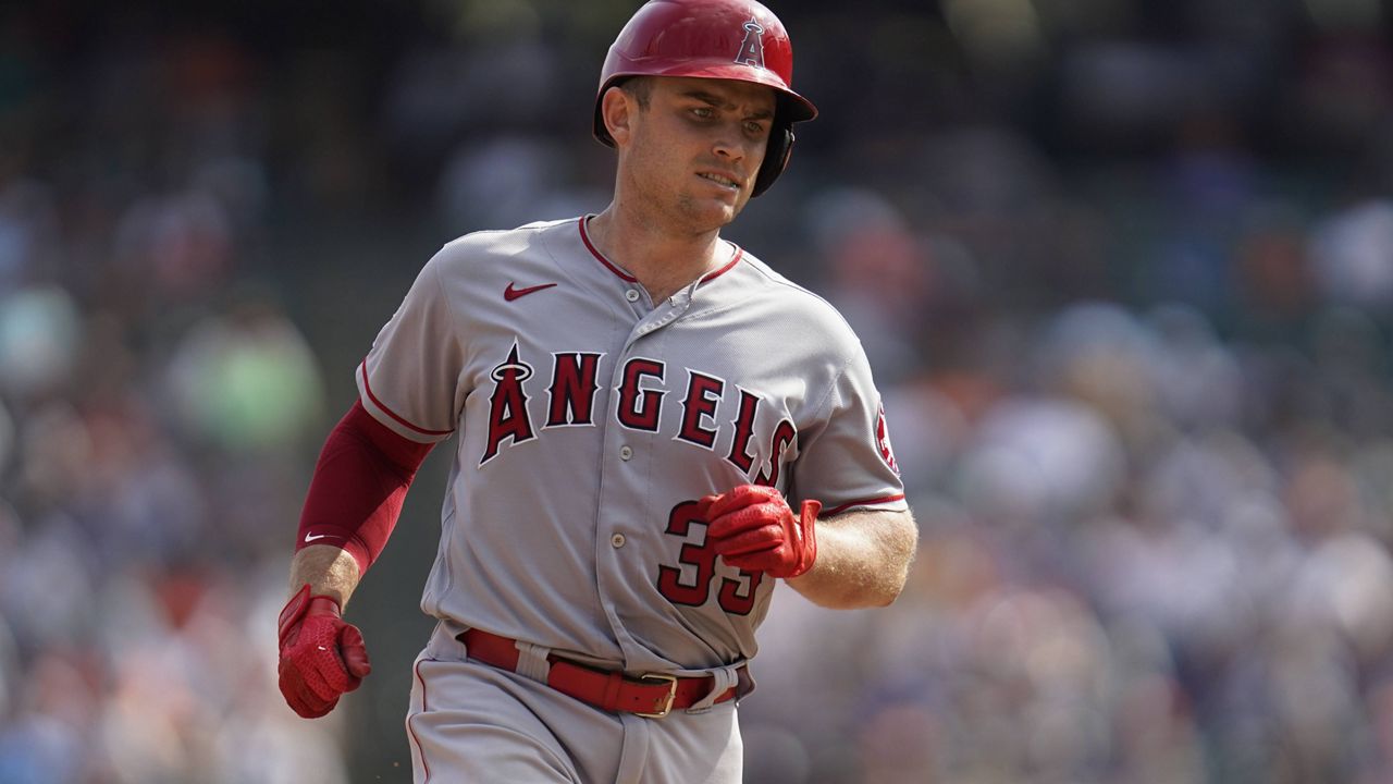 Los Angeles Angels' Max Stassi rounds the bases after hitting a two-run home run against the Detroit Tigers in the eighth inning of a baseball game in Detroit, Thursday, Aug. 19, 2021. (AP Photo/Paul Sancya)