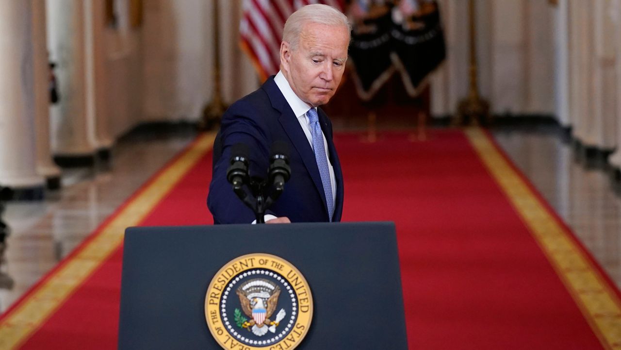 President Joe Biden turns to leave the podium after speaking about the end of the war in Afghanistan from the State Dining Room of the White House, Tuesday, Aug. 31, 2021, in Washington. (AP Photo/Evan Vucci)