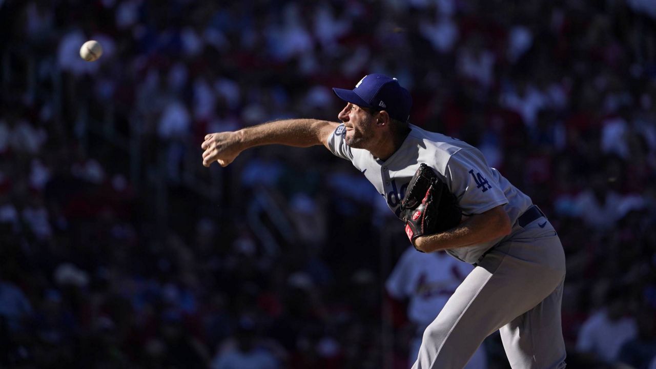 Dodgers starting pitcher Max Scherzer throws during the fifth inning of a baseball game against the St. Louis Cardinals Monday, Sept. 6, 2021, in St. Louis. (AP Photo/Jeff Roberson)