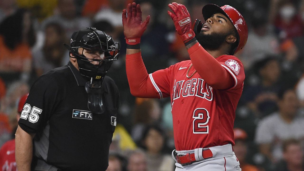 Los Angeles Angels' Luis Rengifo celebrates his two-run home run during the third inning of a baseball game against the Houston Astros, Saturday, Sept. 11, 2021, in Houston. (AP Photo/Eric Christian Smith)
