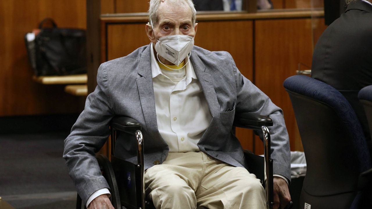  In this Sept. 8, 2021, file photo, Robert Durst in his wheelchair spins in place as he looks at people in the courtroom during his trial in Inglewood, Calif. (Al Seib/Los Angeles Times via AP, Pool, File)