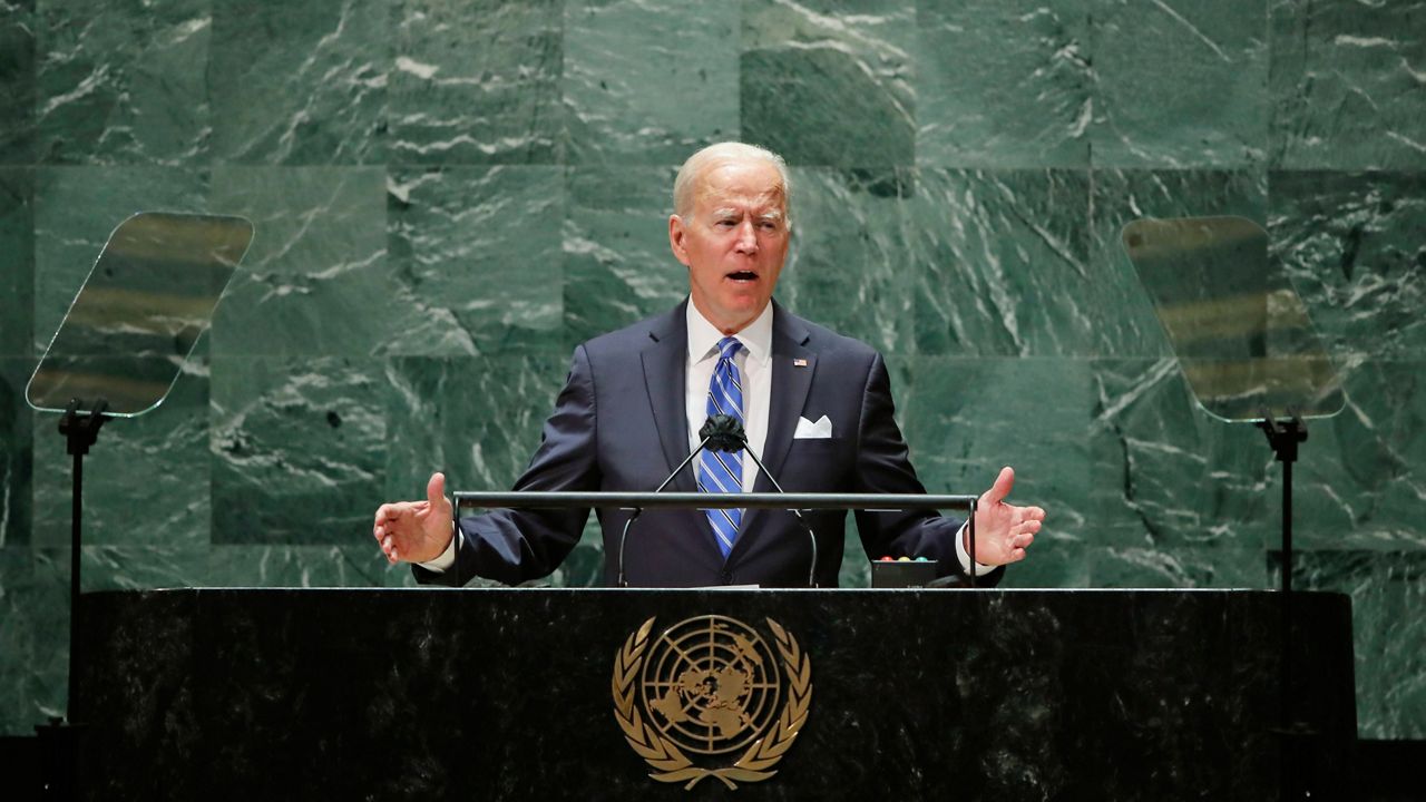 President Joe Biden speaks during the 76th Session of the United Nations General Assembly at U.N. headquarters in New York on Tuesday, Sept. 21, 2021. (Eduardo Munoz/Pool Photo via AP)
