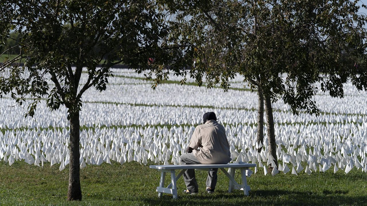 A visitor sits on a bench Saturday to look artist Suzanne Brennan Firstenberg's "In America: Remember," a temporary art installation on the National Mall made up of white flags to commemorate Americans who have died of COVID-19. (AP Photo/Jose Luis Magana)
