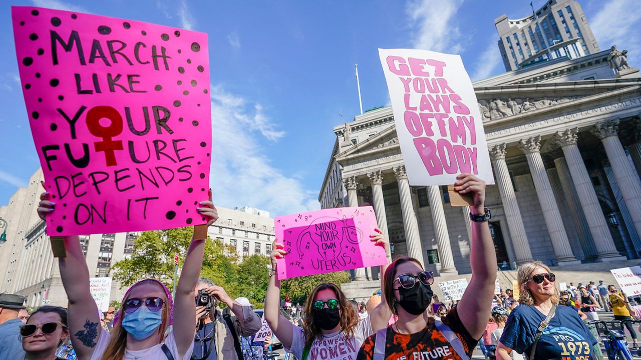 Demonstrators rally to to demand continued access to abortion during the March for Reproductive Justice, Saturday, Oct. 2, 2021, in New York. (AP Photo/Mary Altaffer)