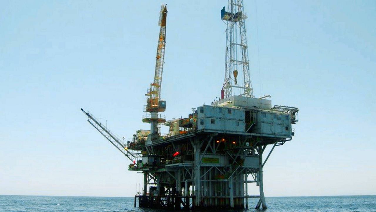 This undated file photo provided by the California State Lands Commission shows Platform Holly, an oil drilling rig in the Santa Barbara Channel offshore of the city of Goleta, Calif. (State Lands Commission via AP)