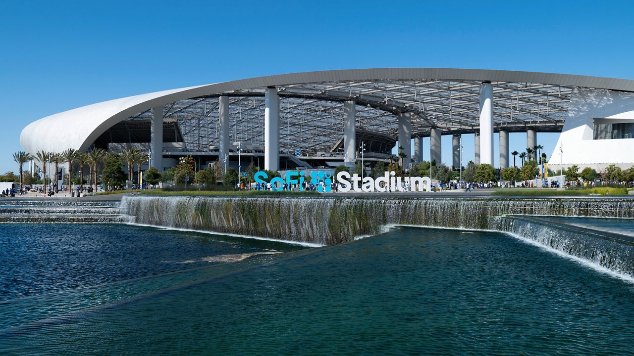 General view of SoFi Stadium, the home of the Los Angeles Rams before an NFL football game between the Los Angeles Rams and the Chicago Bears Sunday, Sept. 12, 2021, in Inglewood, Calif. (AP Photo/Kyusung Gong)