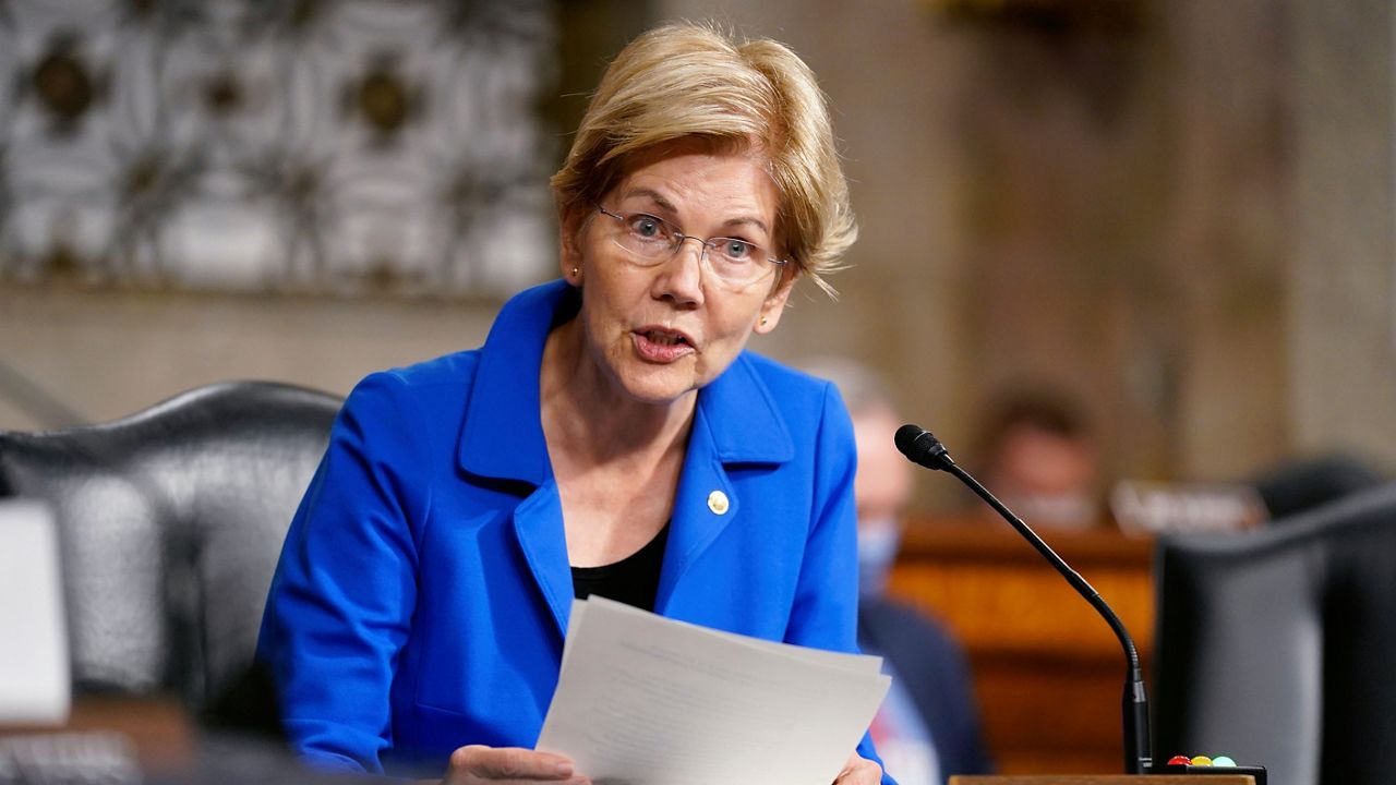 In this Sept. 28, 2021 file photo, Sen. Elizabeth Warren, D-Mass., speaks during a Senate Armed Services Committee on Capitol Hill in Washington. (AP Photo/Patrick Semansky, Pool)