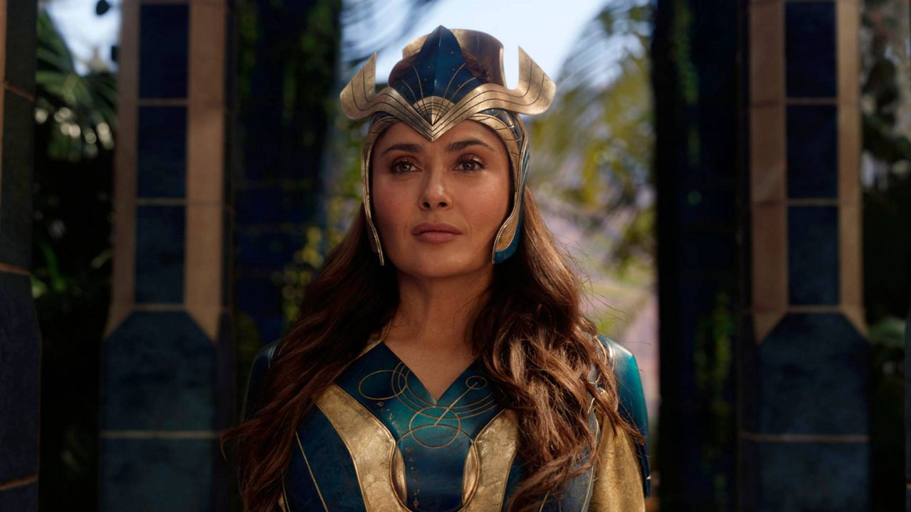 This image released by Marvel Studios shows Salma Hayek in a scene from "Eternals." (Marvel Studios via AP)