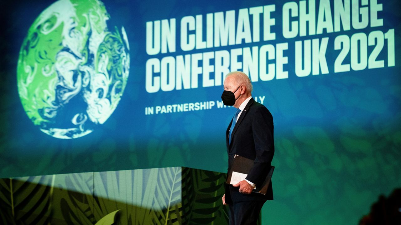 President Joe Biden arrives for a session on Action on Forests and Land Use, during the UN Climate Change Conference COP26 in Glasgow, Scotland, Tuesday, Nov. 2, 2021. (Erin Schaff/The New York Times via AP, Pool)