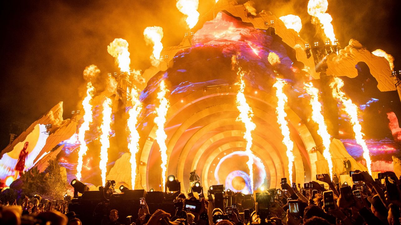 Travis Scott performs at Day 1 of the Astroworld Music Festival at NRG Park on Friday, Nov. 5, 2021, in Houston. (Photo by Amy Harris/Invision/AP)