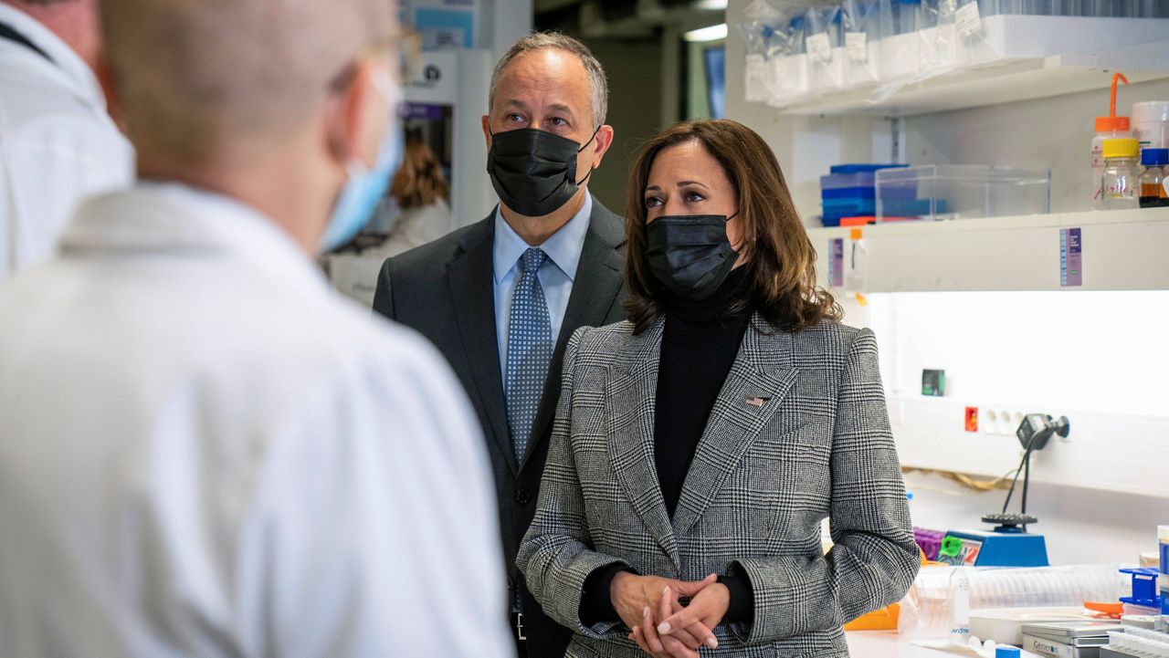 Vice President Kamala Harris and her husband, Doug Emhoff, tour the the Pasteur Institute in Paris on Tuesday. (Sarahbeth Maney/The New York Times via AP, Pool)