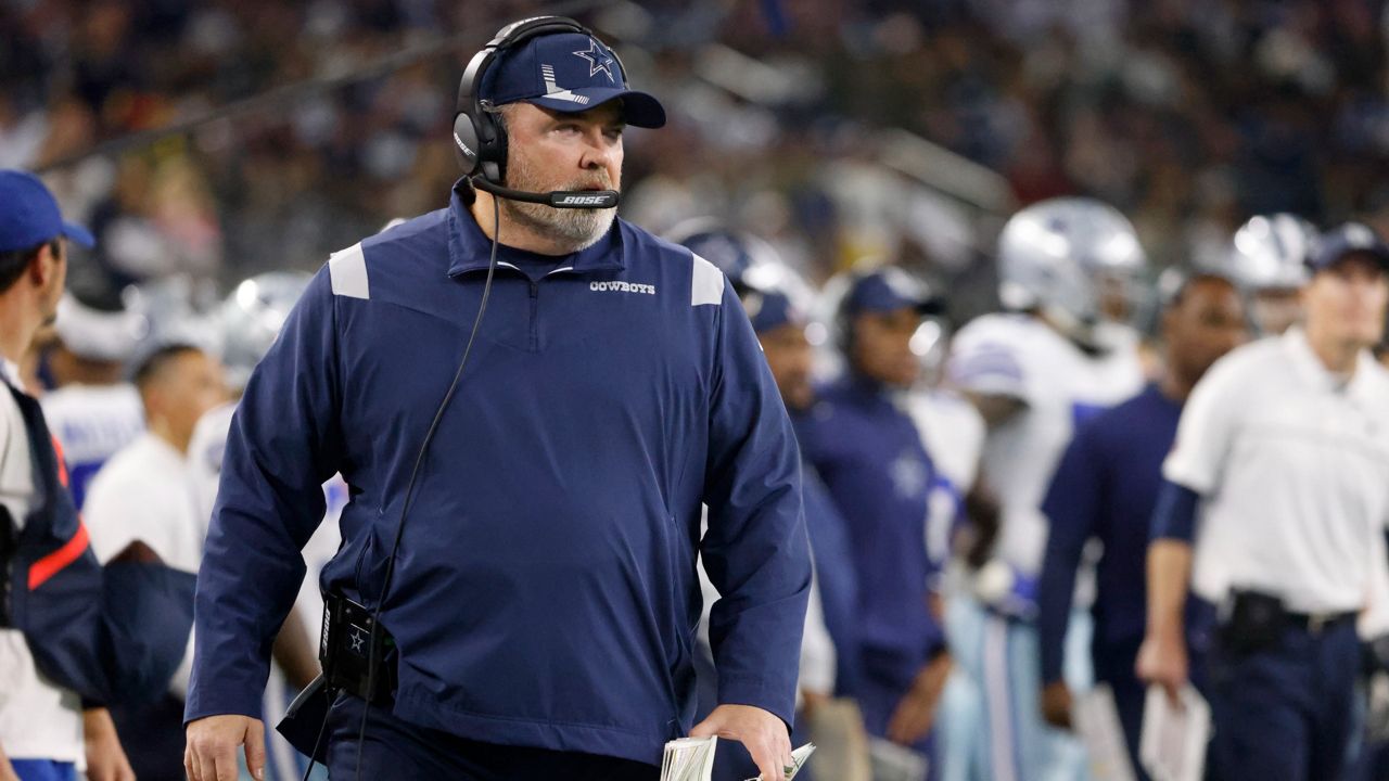 Dallas Cowboys head coach Mike McCarthy watches play against the Las Vegas Raiders in the first half of an NFL football game in Arlington, Texas, Thursday, Nov. 25, 2021. (AP Photo/Ron Jenkins)