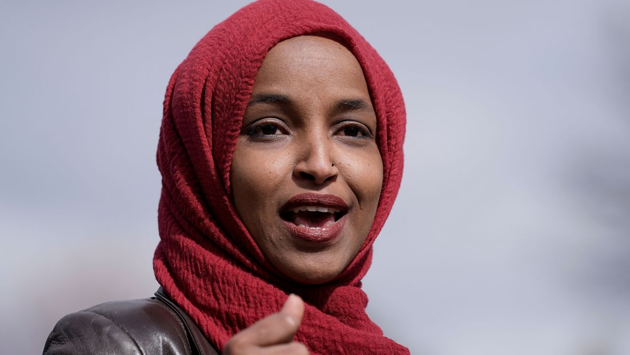 FILE - In this April 20, 2021, photo, Rep. Ilhan Omar, D-Minn., speaks in Brooklyn Center, Minn., during a news conference at the site of the fatal shooting of Daunte Wright by a police officer during a traffic stop. (AP Photo/Morry Gash, File)