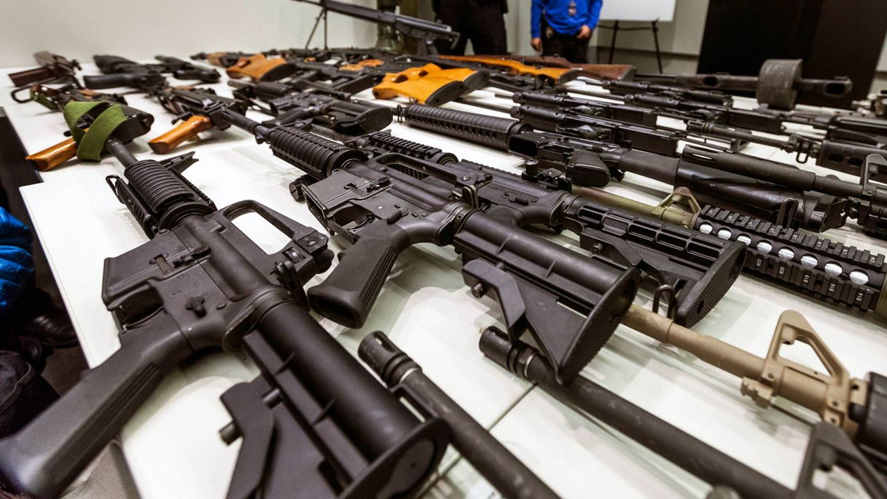 In this Dec. 27, 2012, file photo, a variety of military-style semi-automatic rifles obtained during a buy back program are displayed at Los Angeles police headquarters. (AP Photo/Damian Dovarganes)