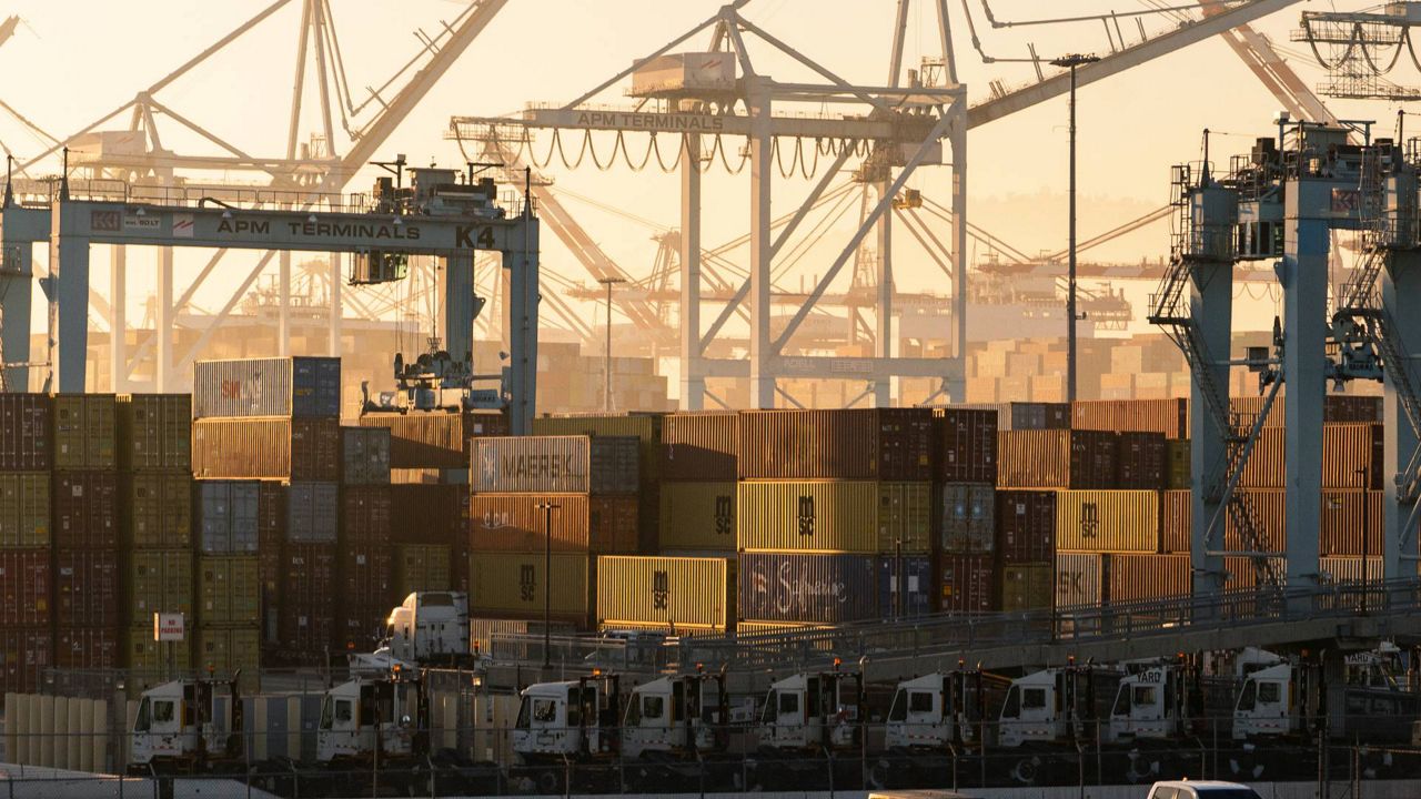 The Maersk APM Terminals Pacific is seen at the Port of Los Angeles, Nov. 30, 2021. (AP Photo/Damian Dovarganes)