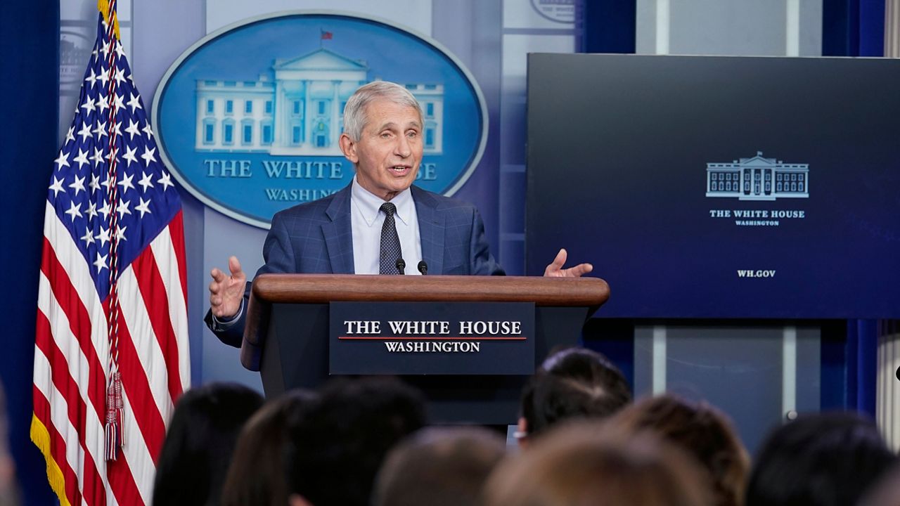 Dr. Anthony Fauci, director of the National Institute of Allergy and Infectious Diseases, speaks during the daily briefing at the White House in Washington, Wednesday, Dec. 1, 2021. (AP Photo/Susan Walsh)