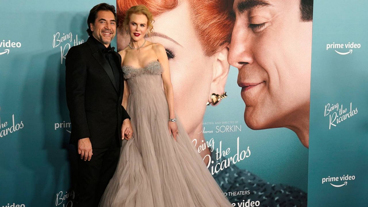 Javier Bardem, left, and Nicole Kidman pose together at the premiere of the film "Being the Ricardos," Dec. 6, 2021, at The Academy Museum in Los Angeles. (AP Photo/Chris Pizzello)