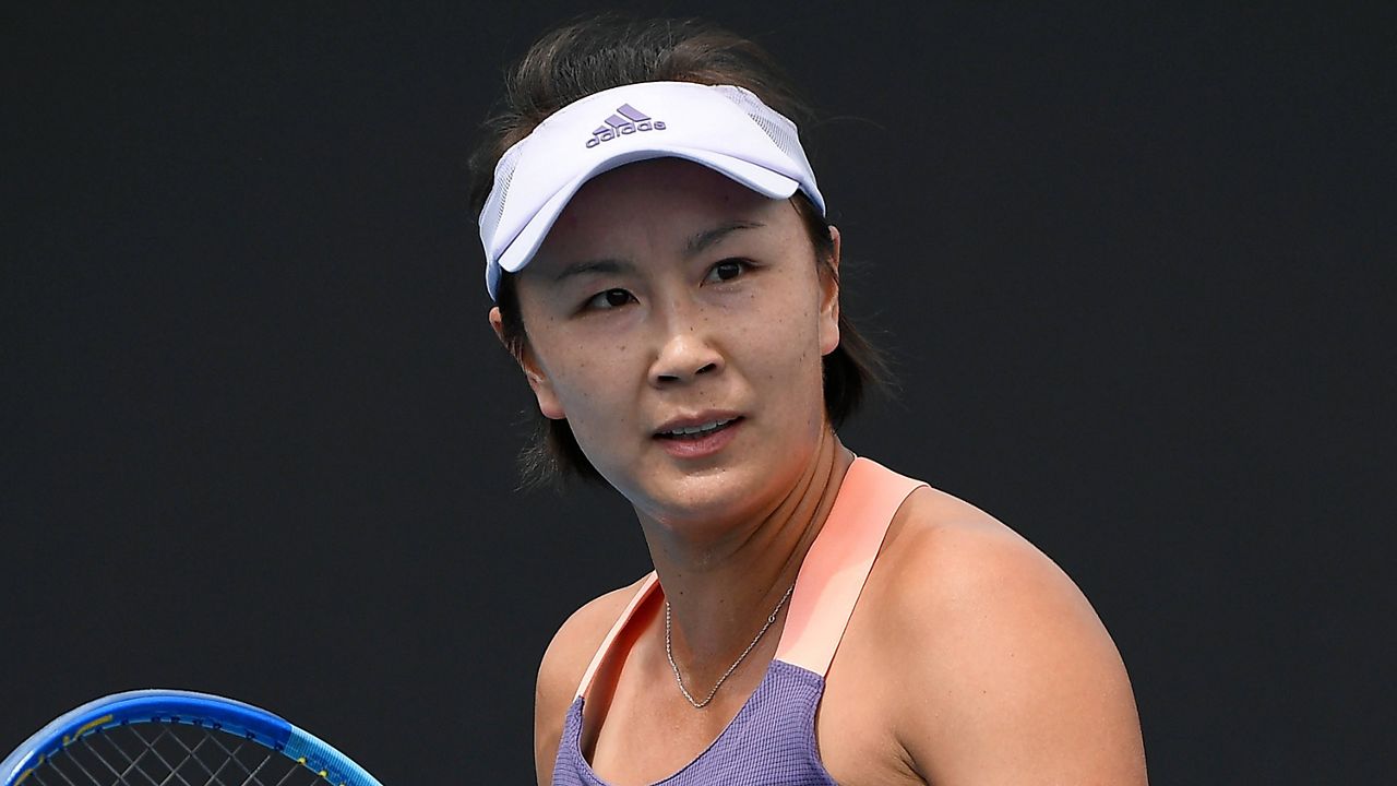 China's Peng Shuai reacts during her first-round singles match against Japan's Nao Hibino at the Australian Open in Melbourne, Australia, on Jan. 21, 2020. (AP Photo/Andy Brownbill, File)