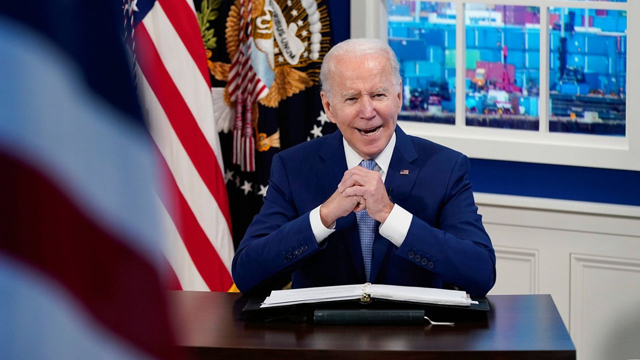President Joe Biden speaks Wednesday during a meeting with his task force on supply chain issues. (AP Photo/Patrick Semansky)