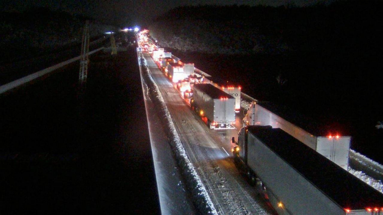 This image provided by the Virginia Department of Transportation shows a closed section of Interstate 95 near Fredericksburg, Va., on Tuesday. (Virginia Department of Transportation via AP)