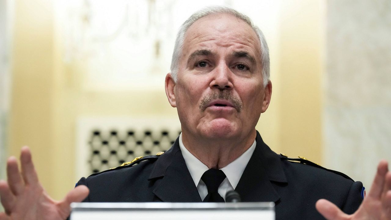 U.S. Capitol Police Chief Tom Manger testifies Wednesday during a Senate Rules and Administration Committee oversight hearing on the Jan. 6, 2021, attack on the Capitol. (Tom Williams/Pool via AP)